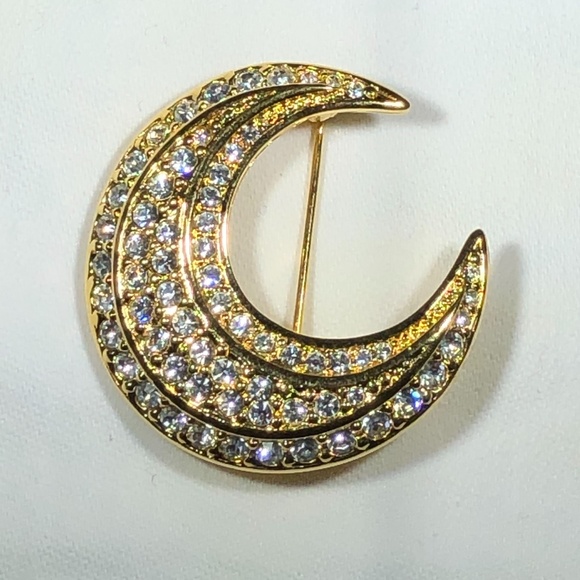 VINTAGE JOAN RIVERS GOLD & CLEAR CRYSTAL CRESCENT MOON BROOCH - Picture 12 of 16